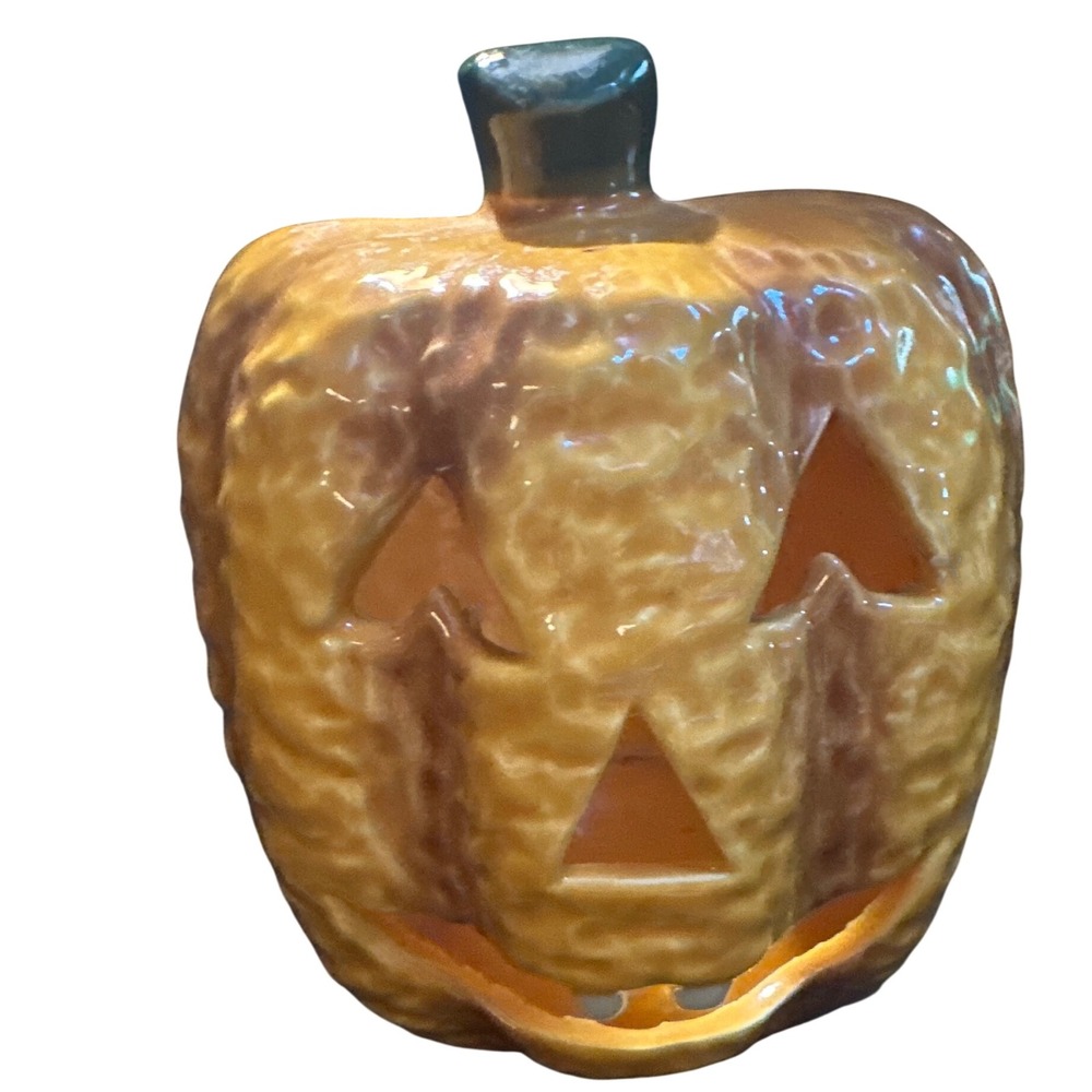 Vtg 80s Ceramic Pumpkin Jack O Lantern Candle Holder Halloween Taiwan kitsch